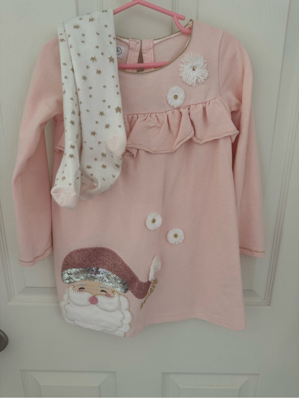 Mud Pie Pink Santa Appliqué Holiday Dress with Star Tights